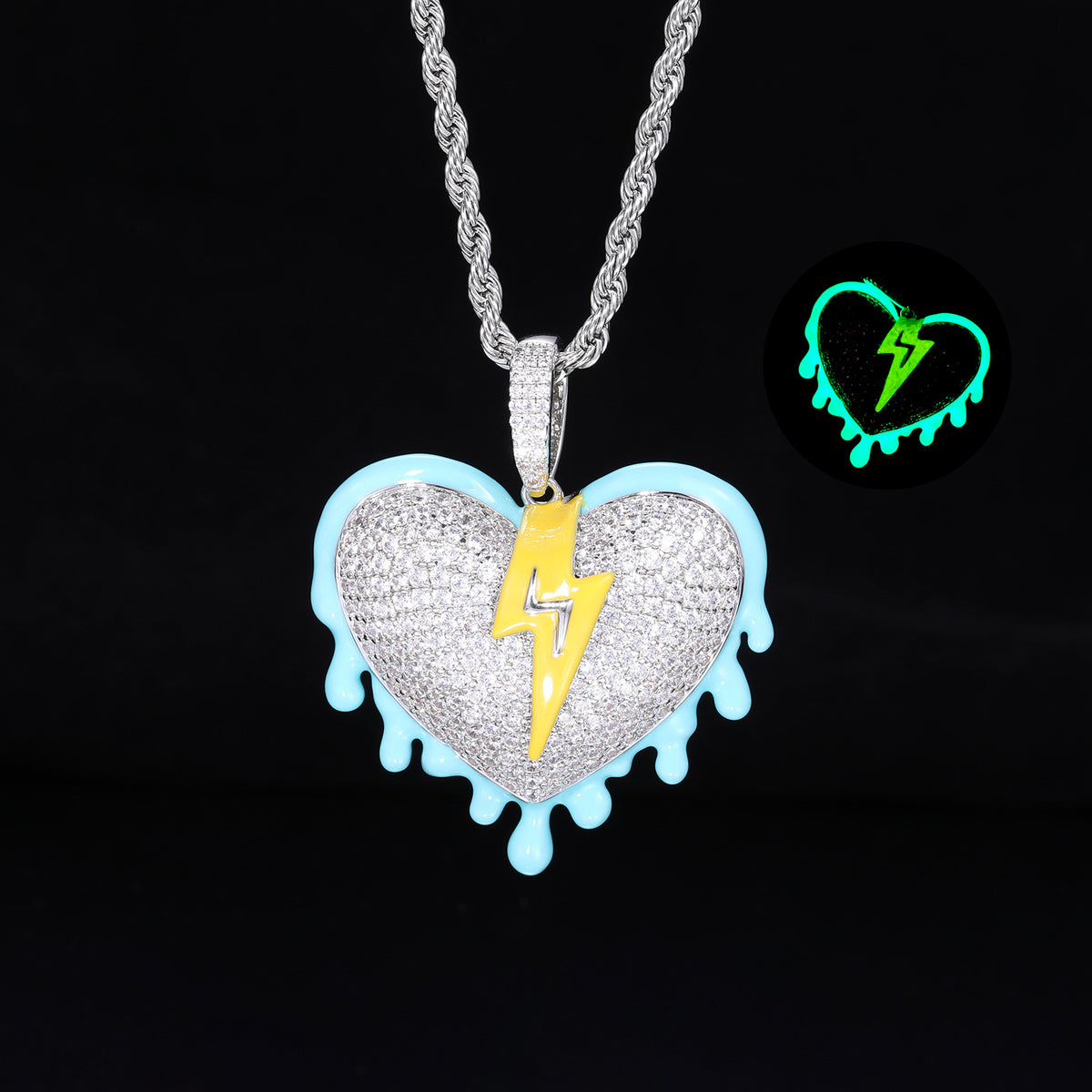 Iced Out Heart Lightning Pendant Necklace for Men, Hip Hop Rope Chain product image