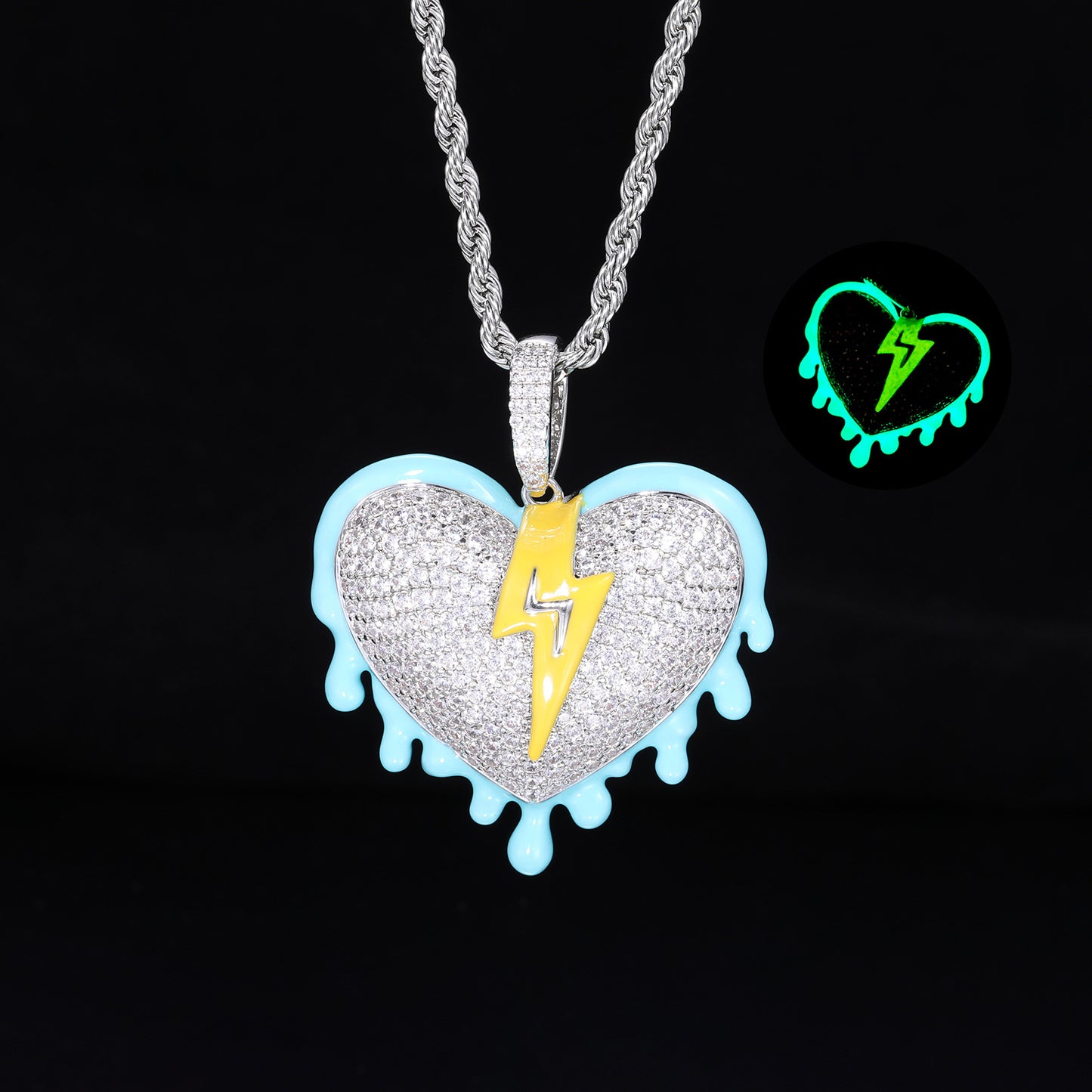Iced Out Heart Lightning Pendant Necklace for Men, Hip Hop Rope Chain product image