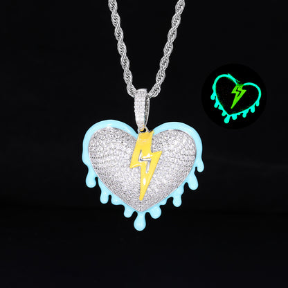 Iced Out Heart Lightning Pendant Necklace for Men, Hip Hop Rope Chain
