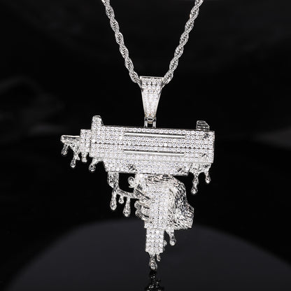 Iced Out UZI Pendant Necklace for Men and Women - Hip Hop Cubic Zirconia Rope Chain Statement Jewelry