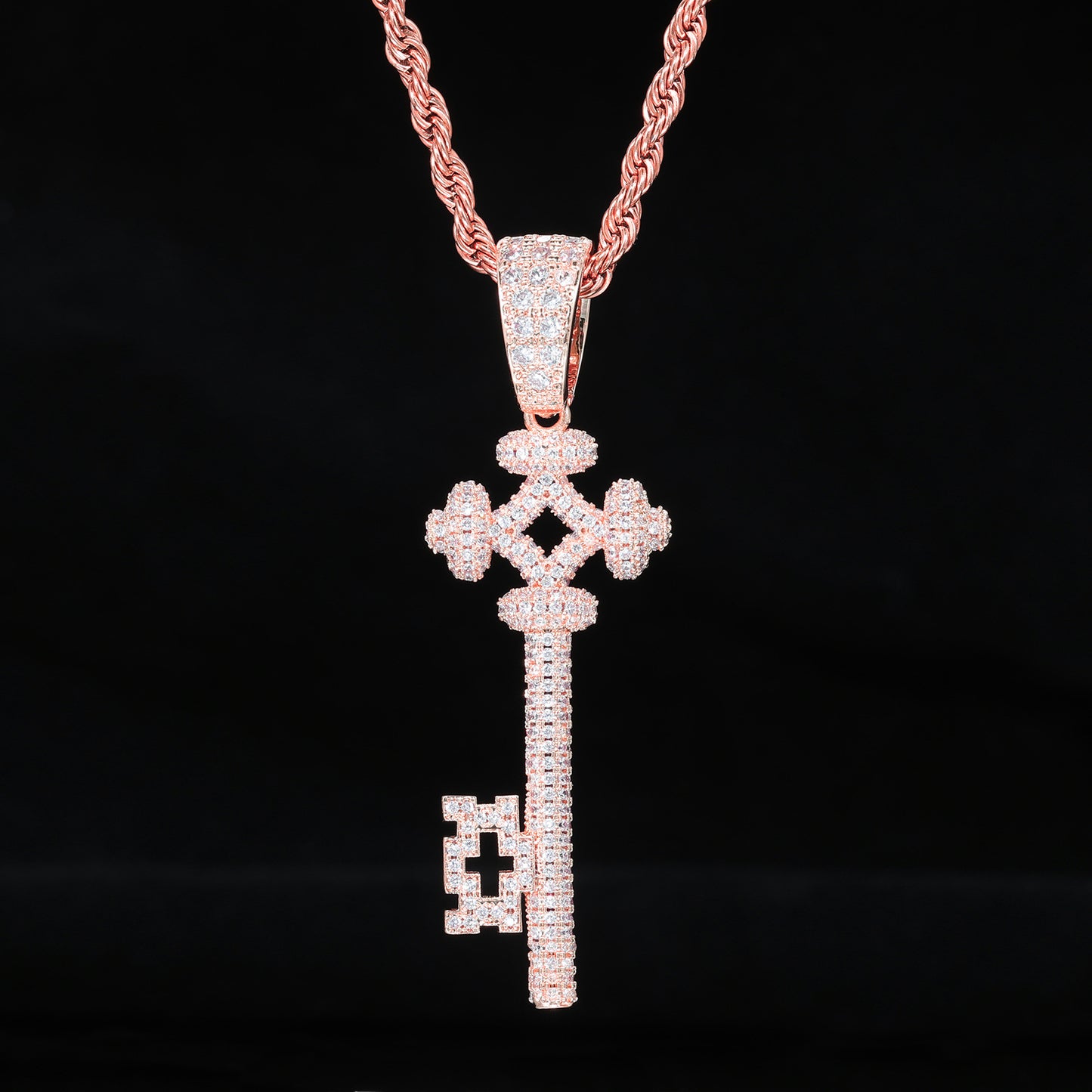 Iced Out Key Pendant Necklace for Women and Men - Geometric Cubic Zirconia Copper Chain Necklace product image