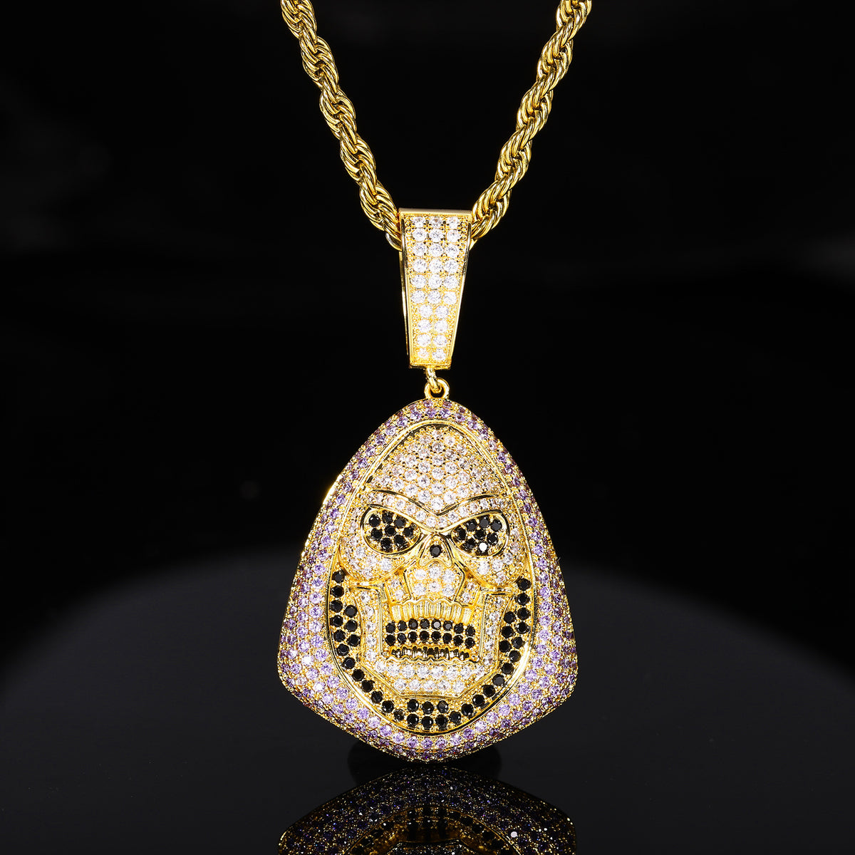 Iced Out Skull Pendant Necklace for Men - Hip Hop Copper Jewelry with Cubic Zirconia Rope Chain product image