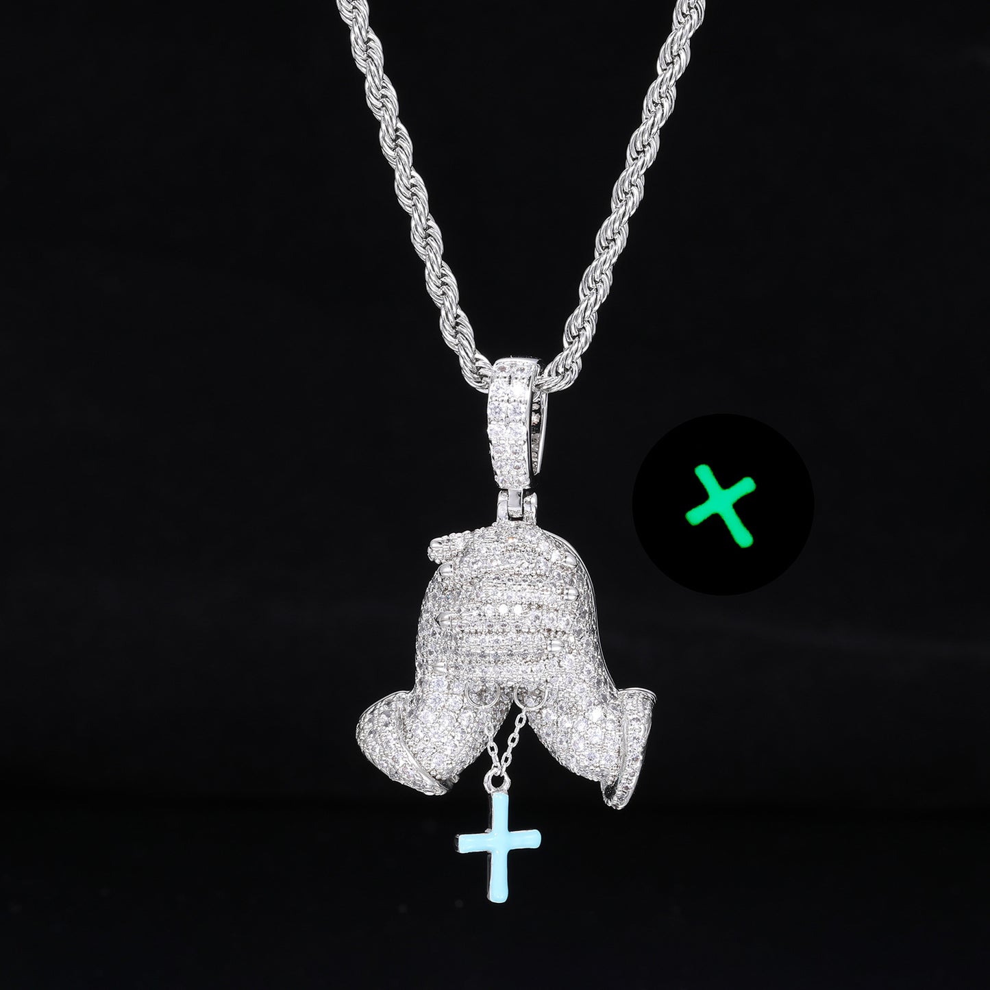 Iced Out Praying Hands Cross Pendant Necklace in White Tone with Cubic Zirconia product image