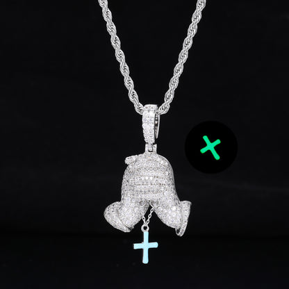 Iced Out Praying Hands Cross Pendant Necklace in White Tone with Cubic Zirconia
