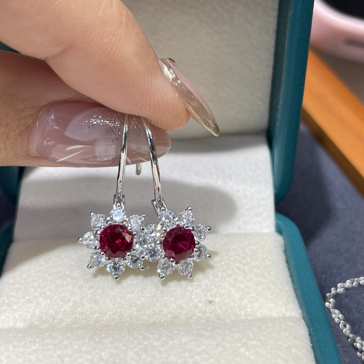 Ruby Red Crystal Floral Ring Earrings Necklace Jewelry Set product image
