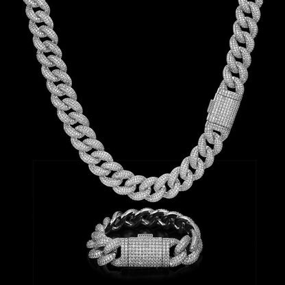 Iced Out Cuban Link Chain Necklace Bracelet Set for Women Men, Round Cubic Zirconia Geometric Hip Hop Jewelry