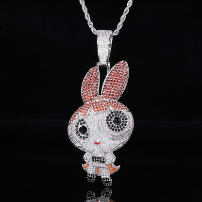 Iced Out Bunny Pendant Necklace for Men and Women, Hip Hop Cuban Link Chain Style, Gold Color CZ Statement Jewelry