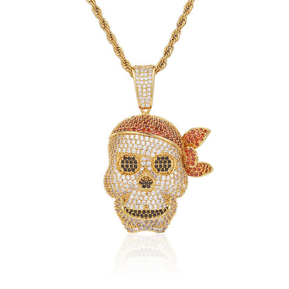 Iced Out Pirate Skull Pendant Necklace for Men - Hip Hop Cubic Zirconia Rope Chain Statement Jewelry
