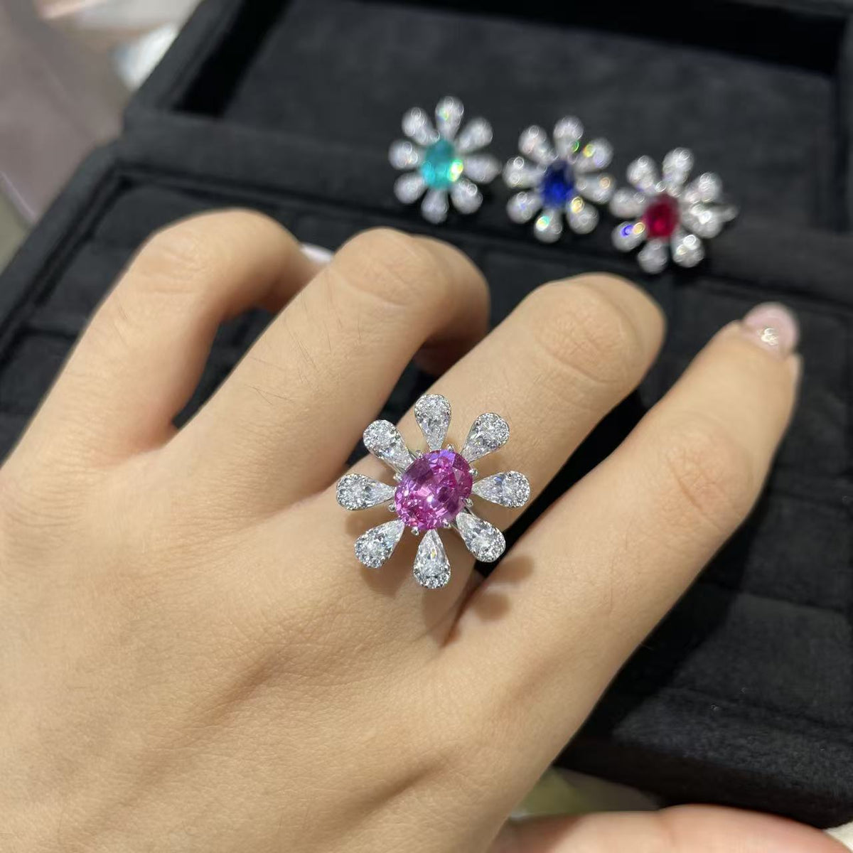 925 Silver Flower Ring, 2 Carat Oval Gemstone Daisy Cluster Ring for Women product image