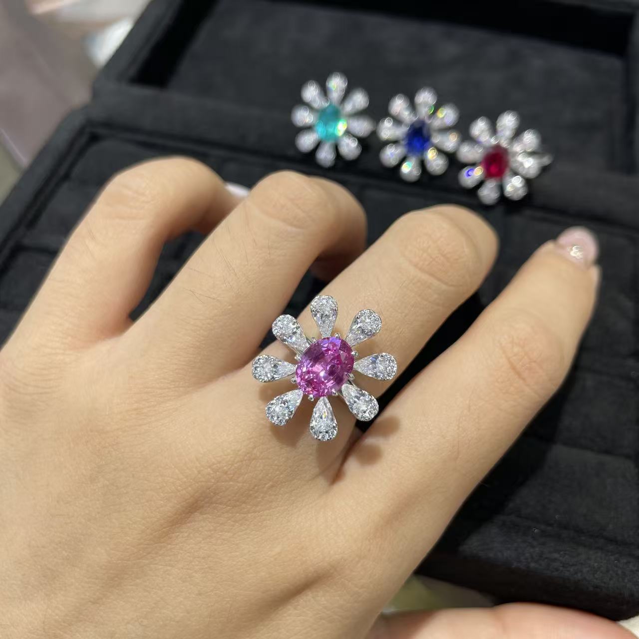 925 Silver Flower Ring, 2 Carat Oval Gemstone Daisy Cluster Ring for Women product image