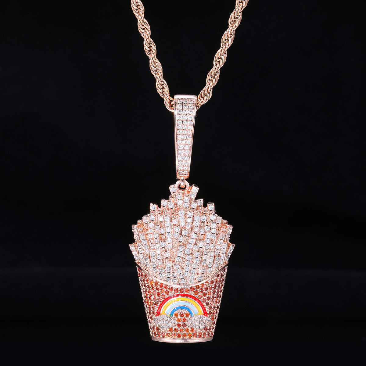 Iced Fry Pendant Necklace with Zircon Detail and Rope Chain product image