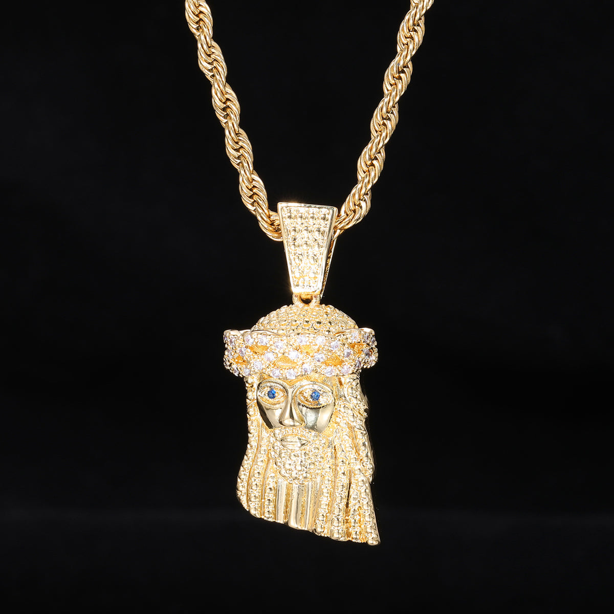 Iced Out Jesus Pendant Necklace for Men - Gold Tone Rope Chain Cuban Link Style Hip Hop Jewelry product image