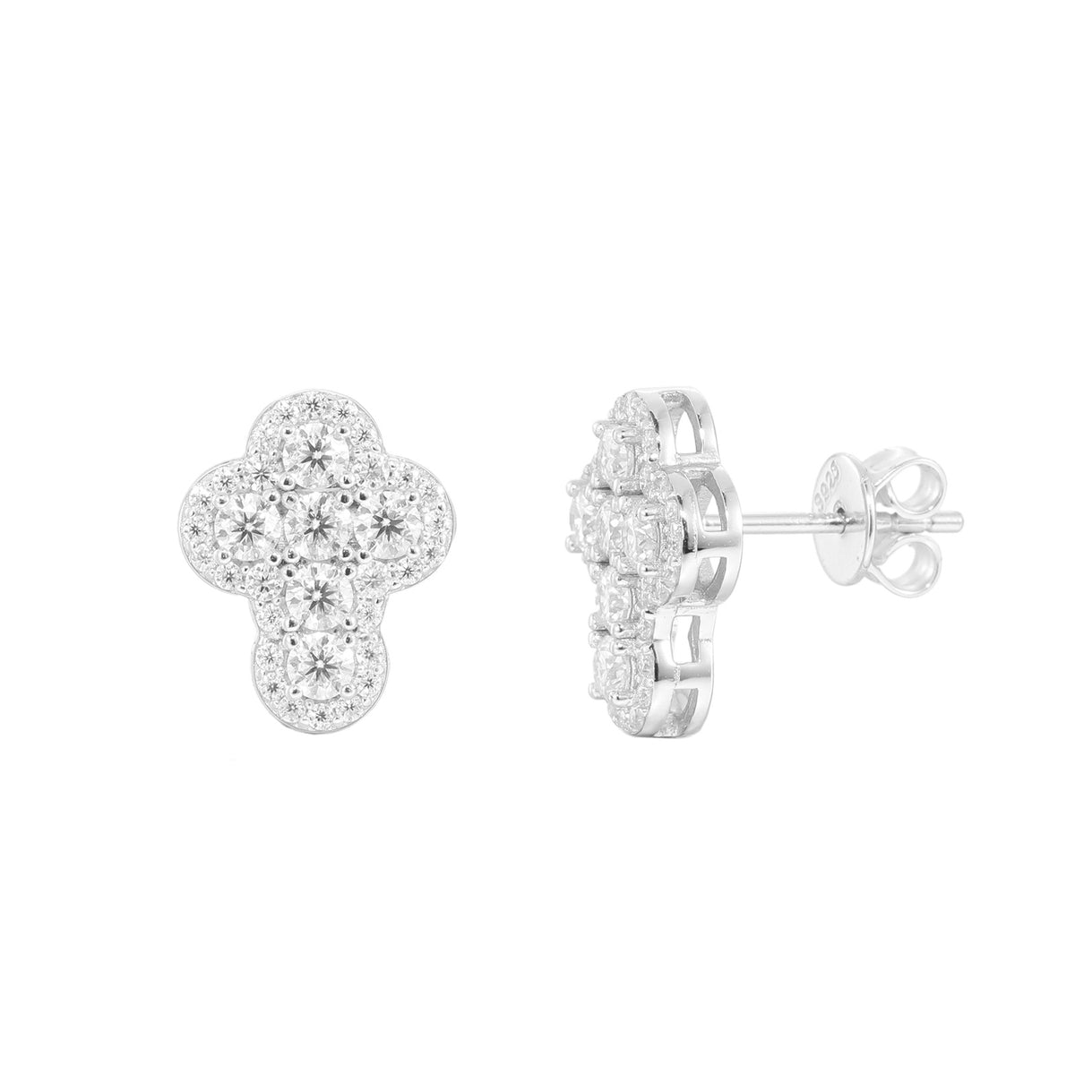 White-Tone Moissanite Clover Stud Earrings, Geometric Unisex Ear Studs product image