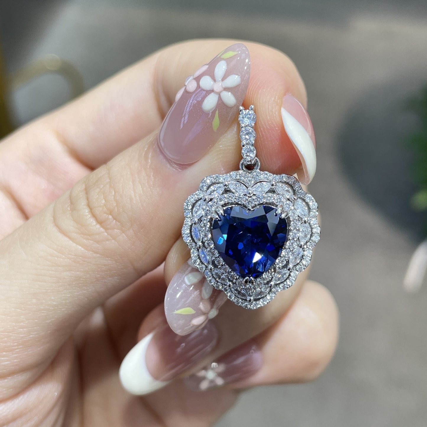 4 Carat Heart Blue Sapphire Pendant Necklace, Lab-Created, Floral Halo, S925 Silver product image