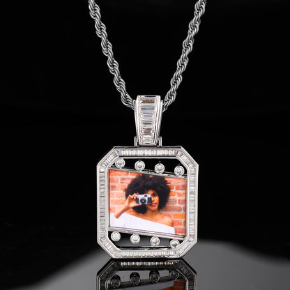 Iced Out Photo Frame Pendant Necklace with Rope Chain, Rectangular Cubic Zirconia Hip Hop Chain for Men