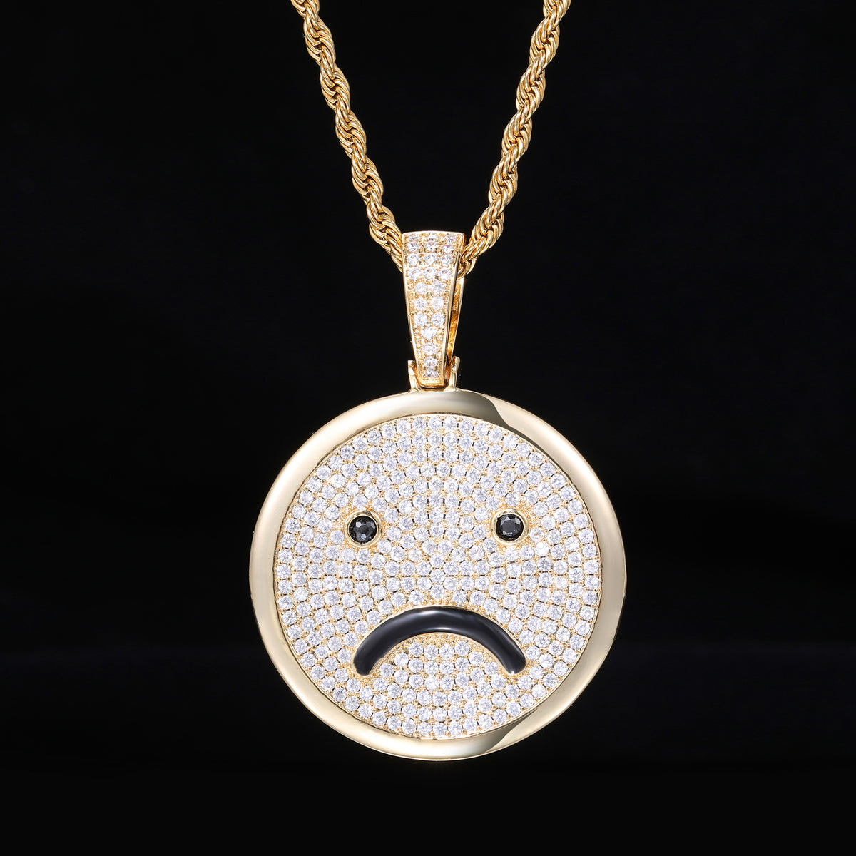 Iced Out Smiley Face Pendant Necklace, Rope Chain Hip Hop Zircon Jewelry product image