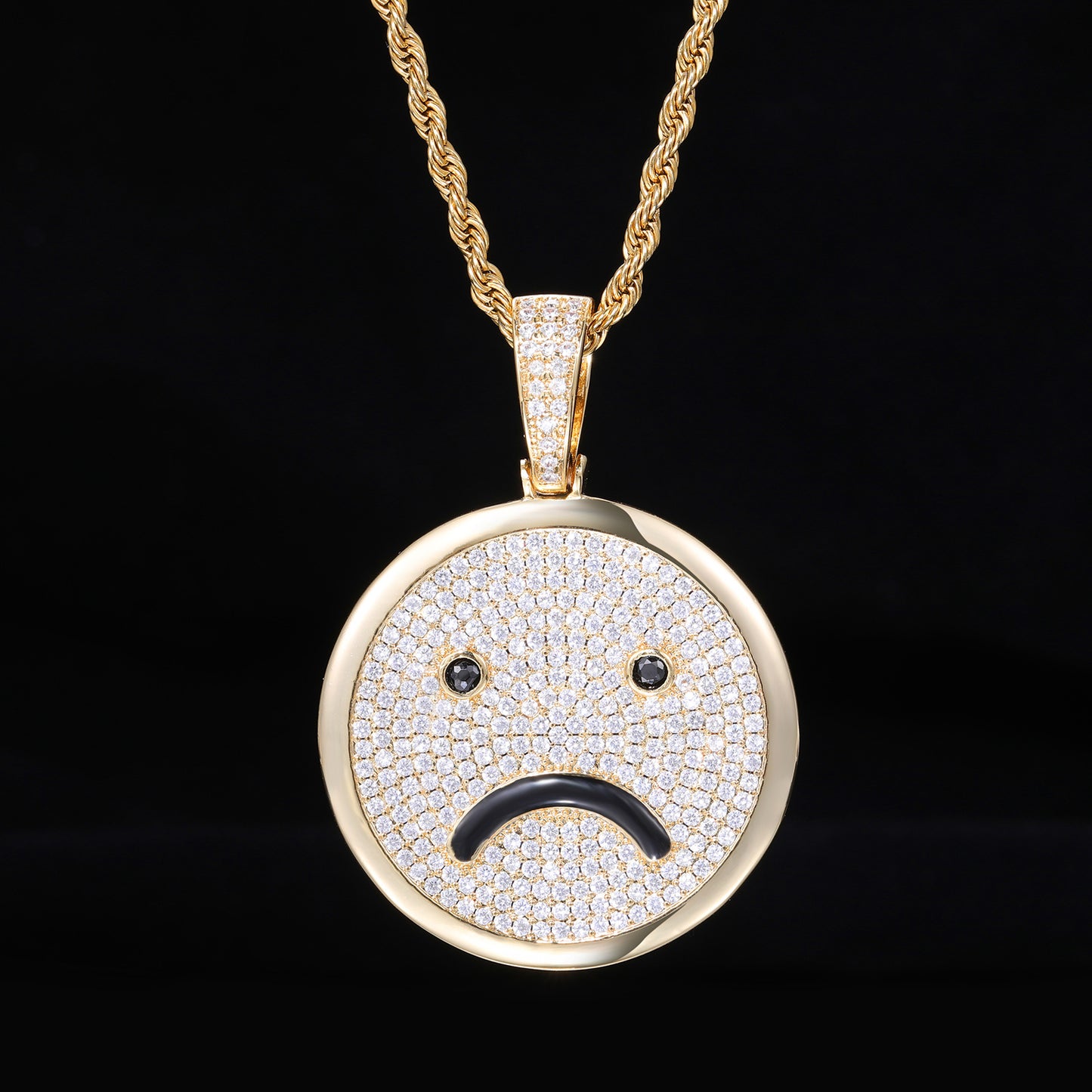 Iced Out Smiley Face Pendant Necklace, Rope Chain Hip Hop Zircon Jewelry product image