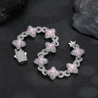 Clover Cuban Link Cubic Zirconia Bracelet & Necklace, Unisex Hip Hop Jewelry
