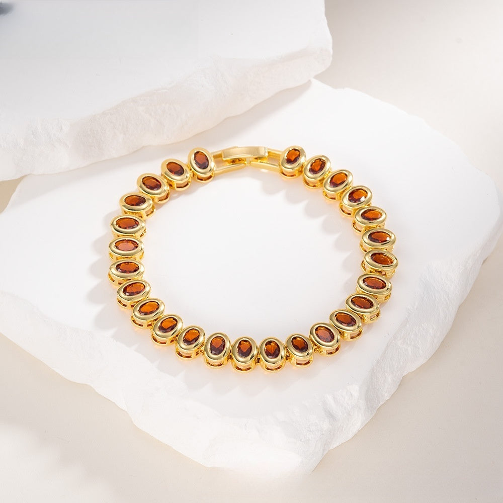Colorful Oval Crystal Link Bracelet for Women and Men, Gold Plated Fashion Statement Chain Bracelet