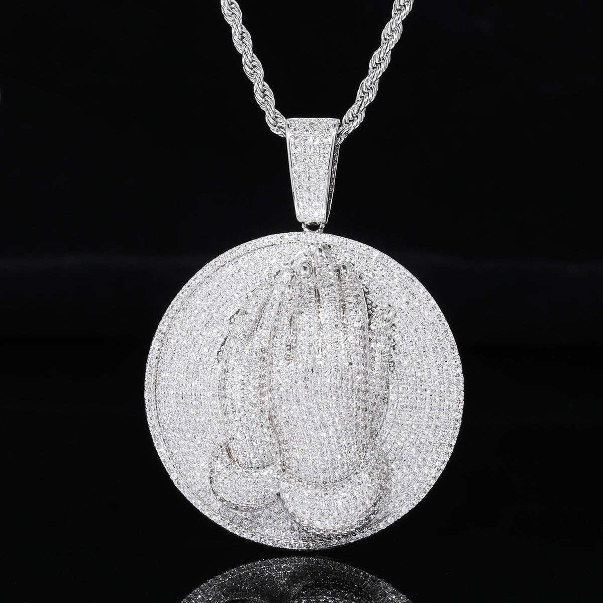 Men's Praying Hands Pendant Necklace, Iced Out CZ Round Medallion Chain product image