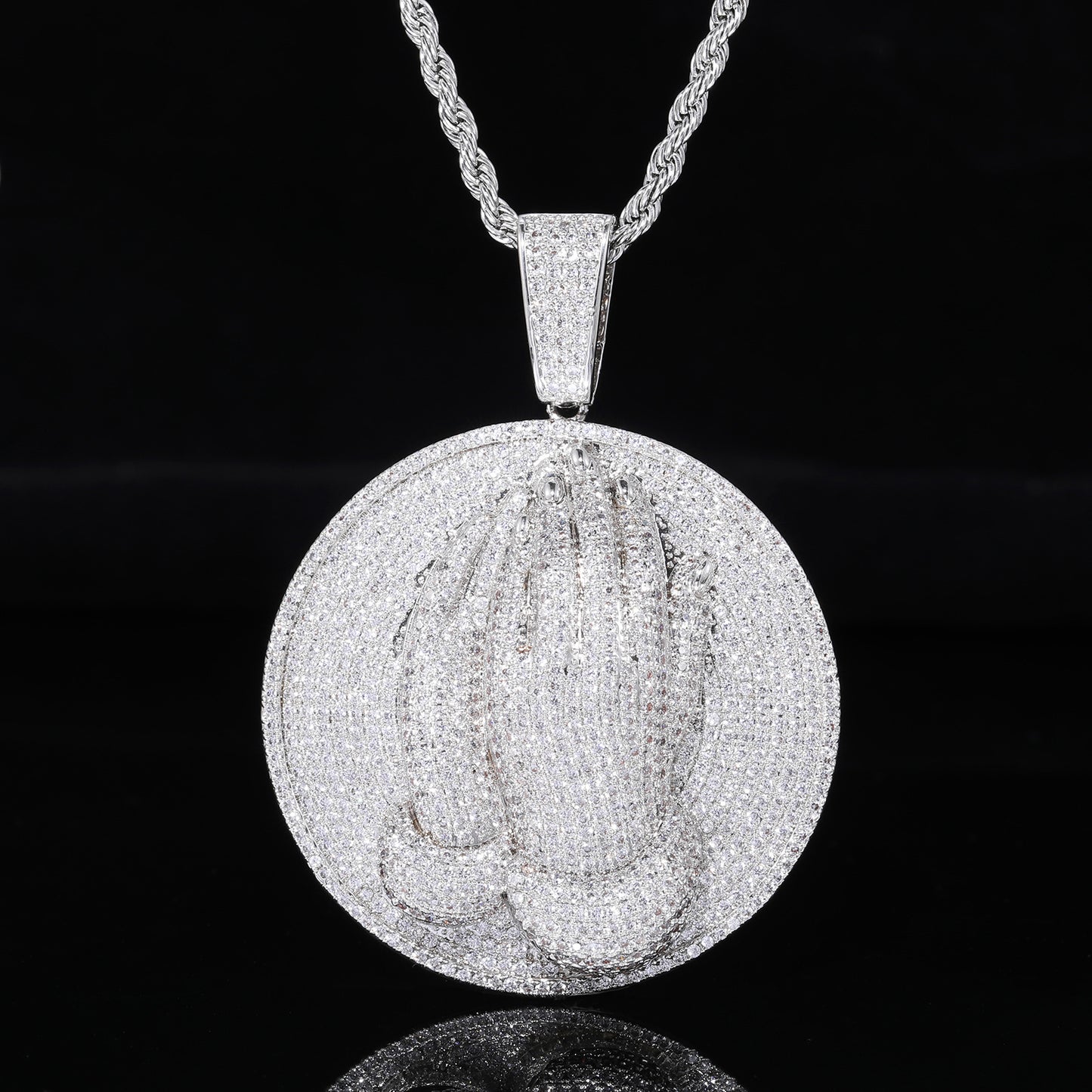 Men's Praying Hands Pendant Necklace, Iced Out CZ Round Medallion Chain product image