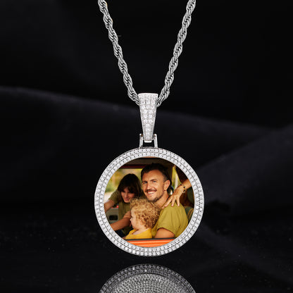 Iced Out Round Photo Pendant Necklace for Men and Women, Geometric Cuban Link Style Chain in Gold, Silver or Rose Gold Tone