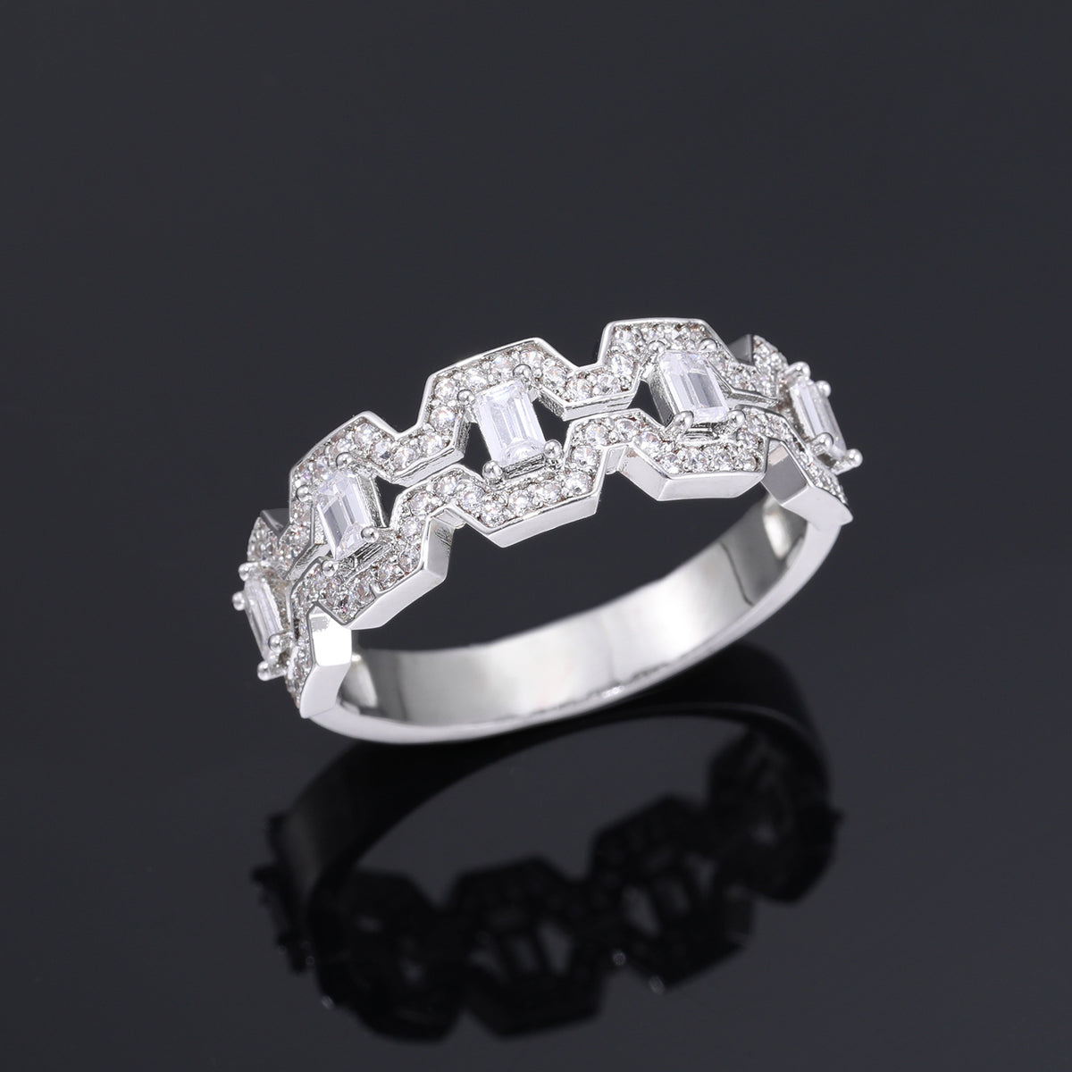Geometric Zircon Statement Ring, Unisex Zigzag Band, Size 7-10 product image