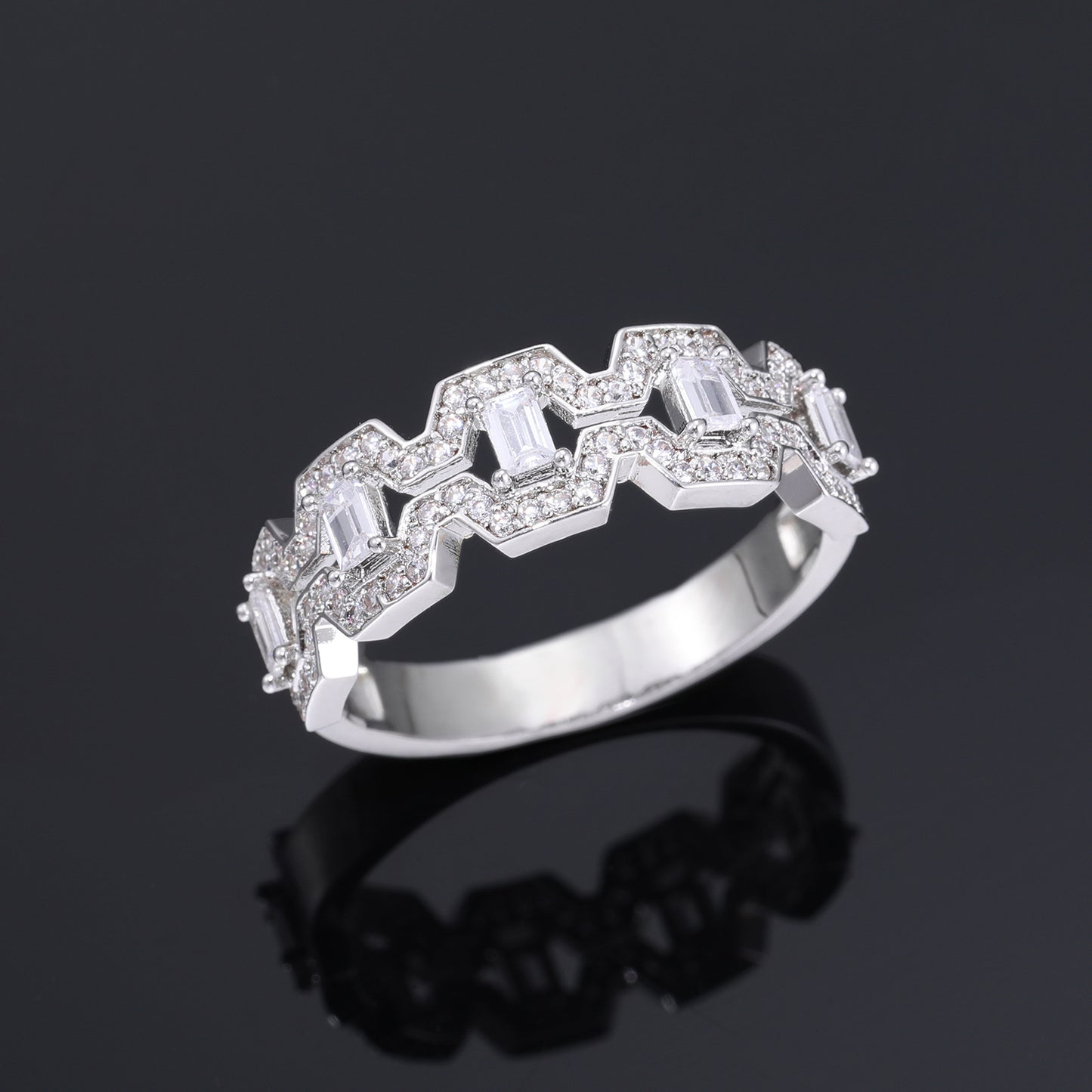 Geometric Zircon Statement Ring, Unisex Zigzag Band, Size 7-10 product image