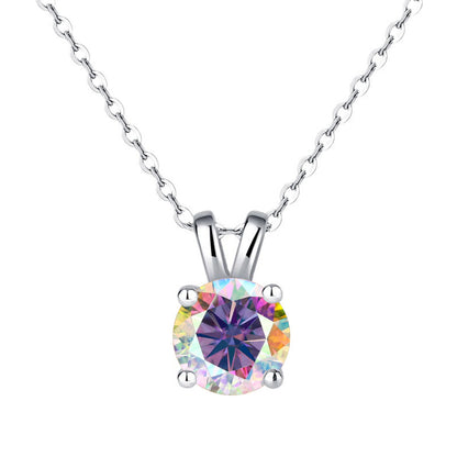 925 Silver 1ct Moissanite Pendant Necklace, Round Box Chain Rabbit Ear Setting