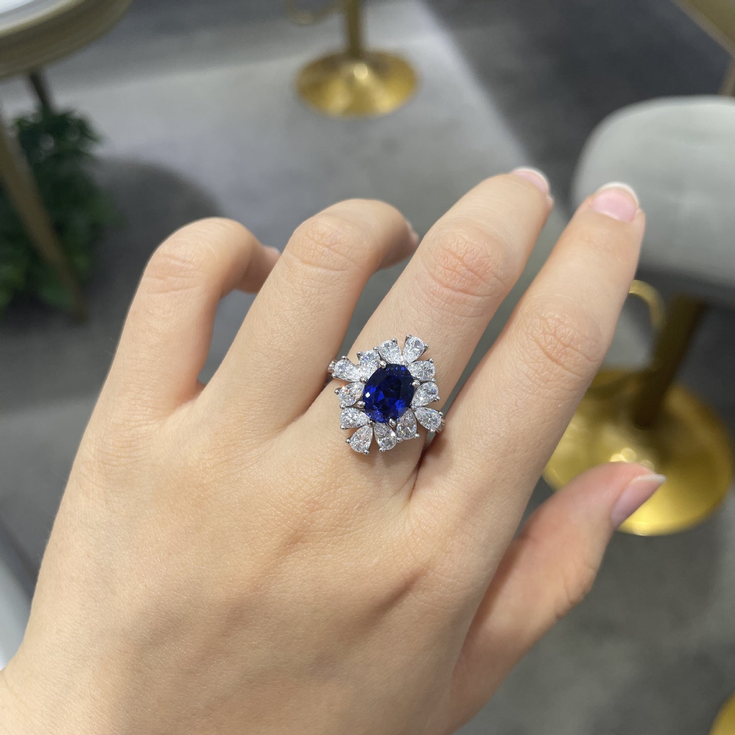 Oval Blue Sapphire Halo Ring for Women, Sterling Silver Look Statement Ring, Promise Ring, Gift Ring product image