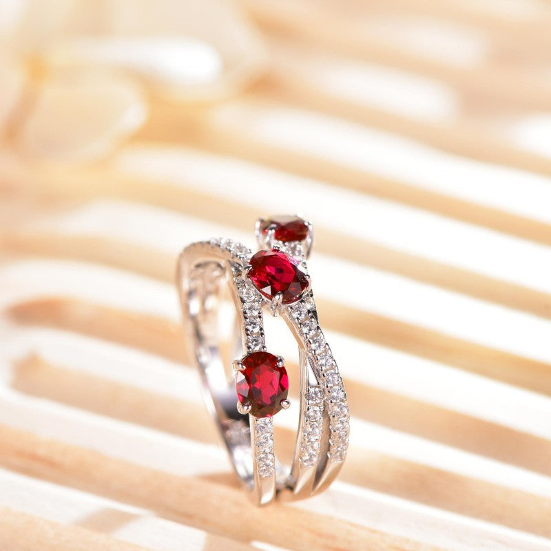 S925 Red Ruby Crossover Geometric Ring for Women product image