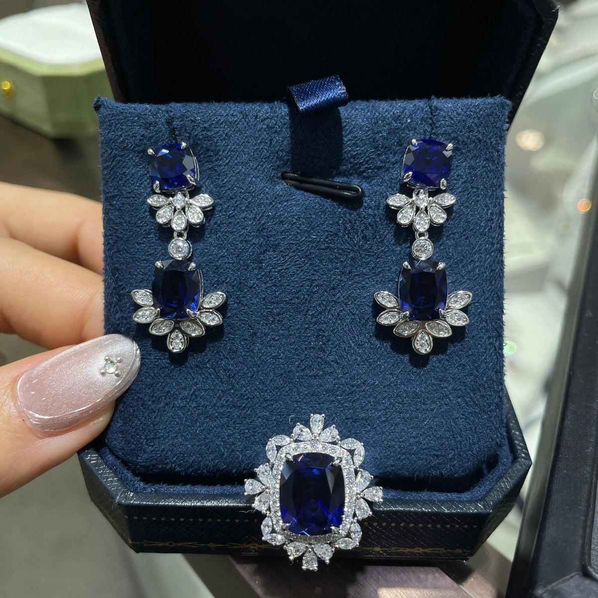 Blue Cushion-Cut Halo Jewelry Set, Ring Necklace Earrings, S925 Silver product image