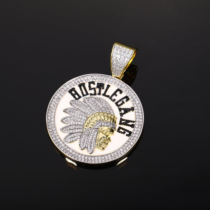 Iced Out Round Chief Pendant Necklace with Rope Chain