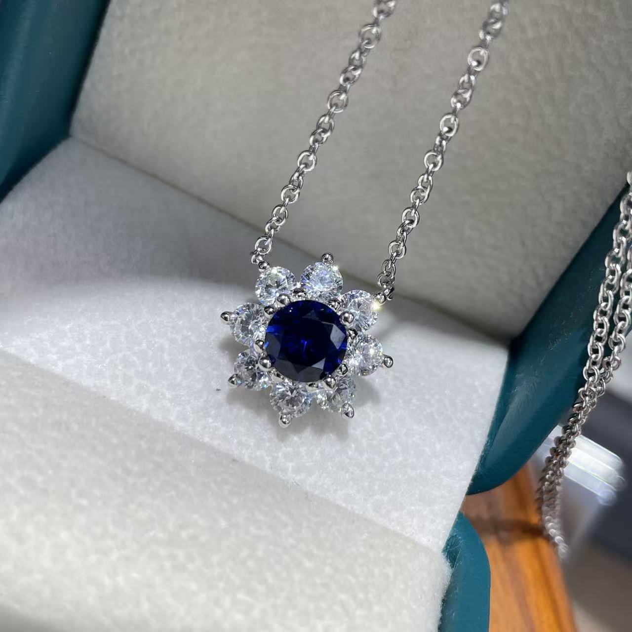 Blue Flower Jewelry Set with Sapphire-Look Stone, Floral Earrings Necklace Ring product image