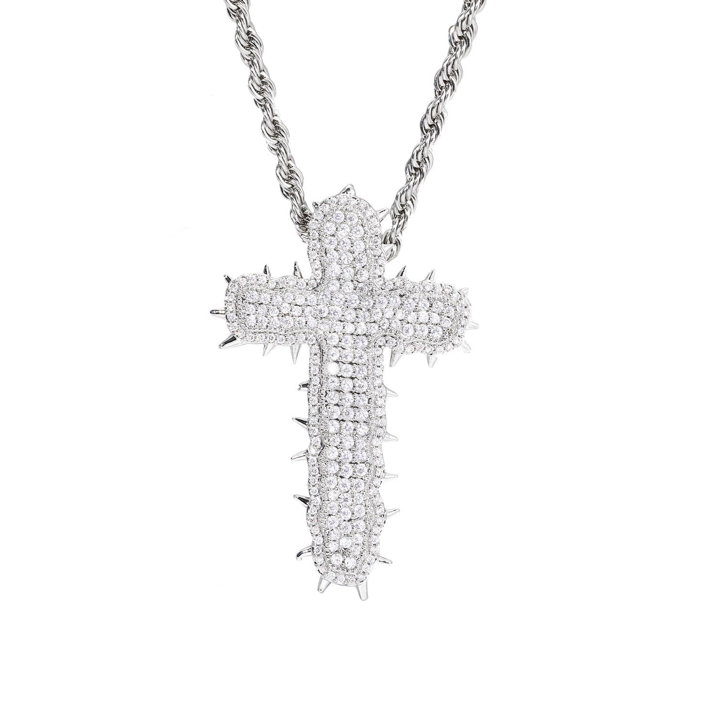 Iced Out Cross Pendant Necklace with Cubic Zirconia Rope Chain in Silvery or Gold Tone product image