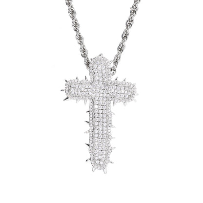 Iced Out Cross Pendant Necklace with Cubic Zirconia Rope Chain in Silvery or Gold Tone