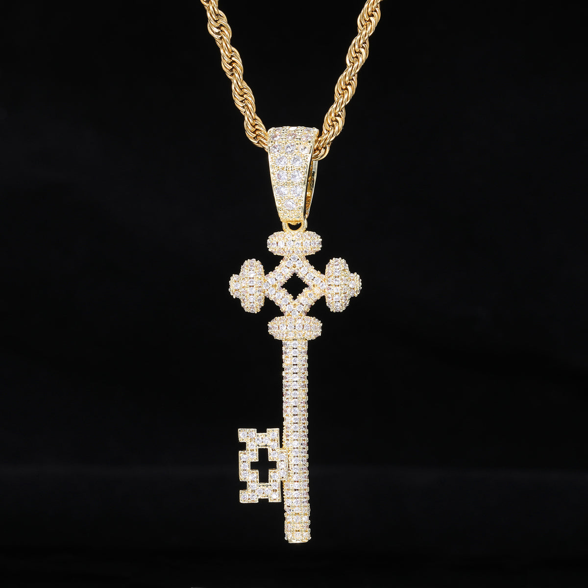 Iced Out Key Pendant Necklace for Women and Men - Geometric Cubic Zirconia Copper Chain Necklace product image