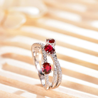 S925 Red Ruby Crossover Geometric Ring for Women