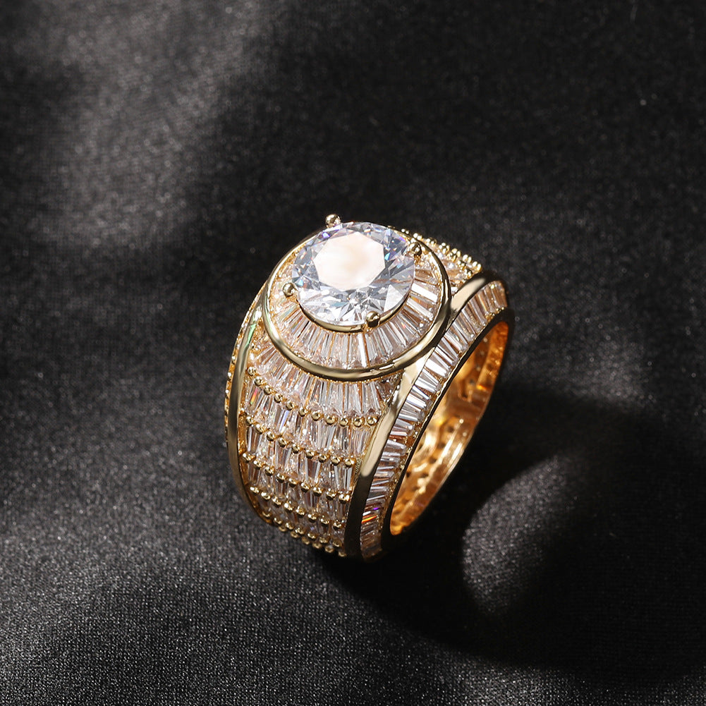 Gold tone round cubic zirconia wide statement ring on black fabric product image