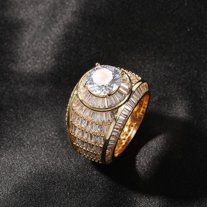 Gold tone round cubic zirconia wide statement ring on black fabric