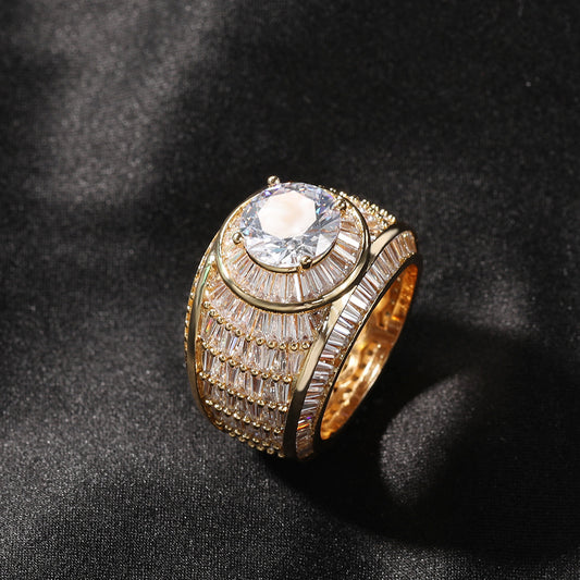 Gold tone round cubic zirconia wide statement ring on black fabric product image