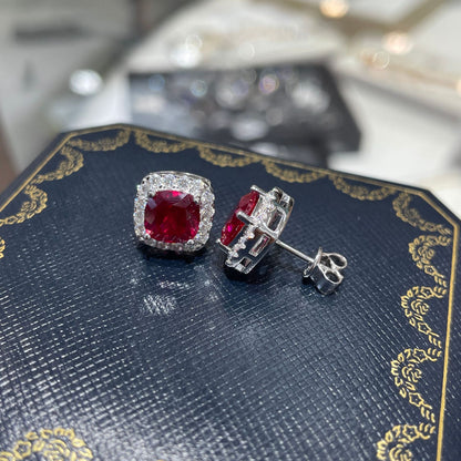 Square Halo Stud Earrings, Cushion Cut Colored Stone Ear Studs, Red and Blue Sparkle Earrings for Everyday Wear