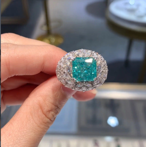 Blue Square Halo Ring for Women, 5 Carat Look, S925 Silver with 18K Gold-Plated Finish product image
