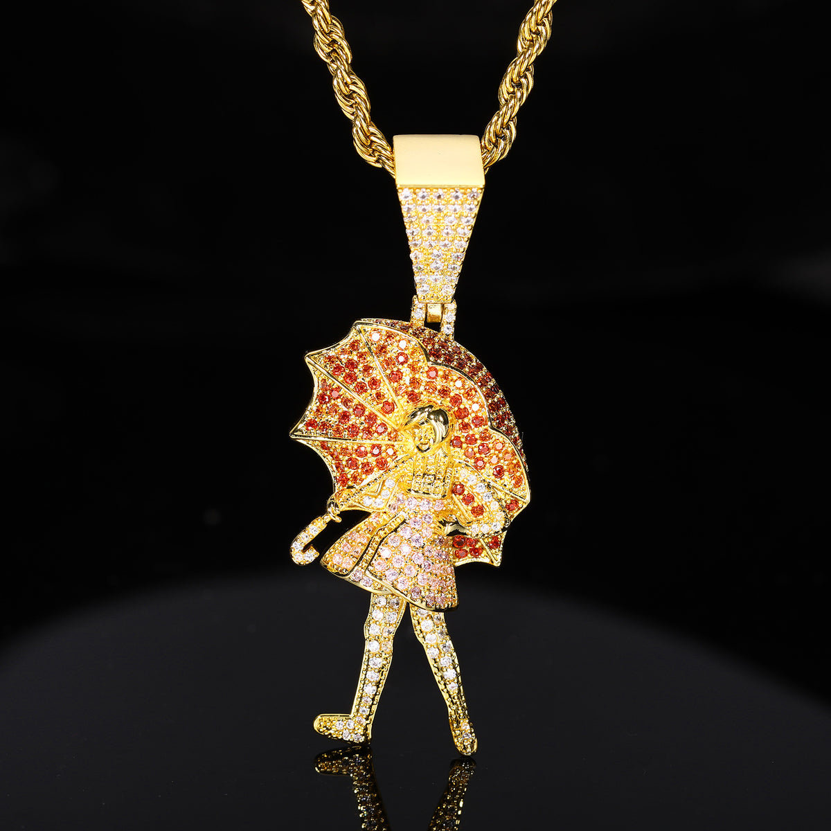 Iced Out Cartoon Girl Umbrella Pendant Necklace for Men and Women - Copper Cubic Zirconia Hip Hop Rope Chain product image
