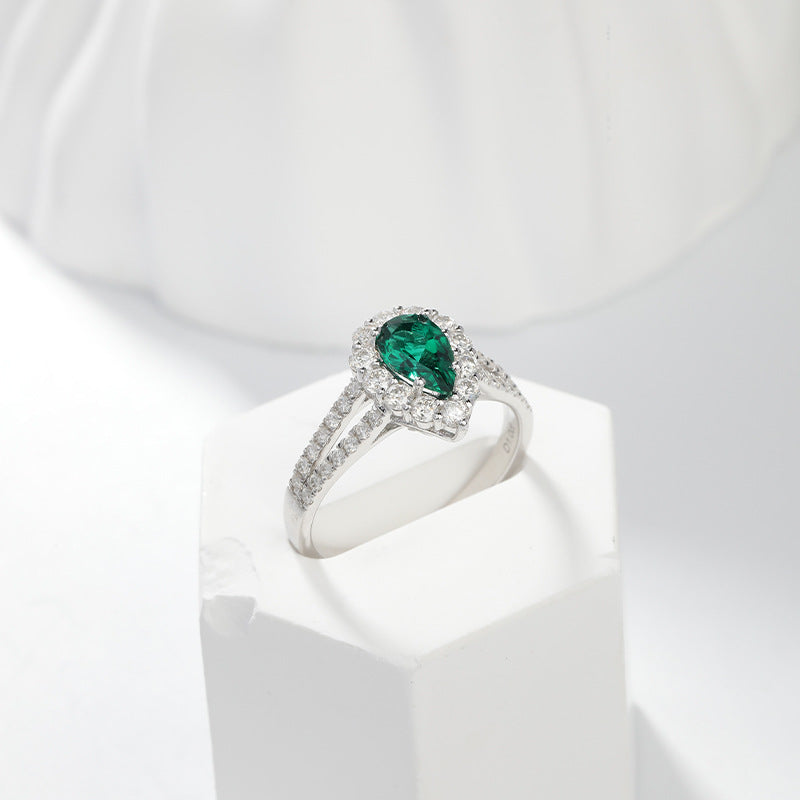 Pear-Shaped Green Halo Ring, Split Shank Engagement Ring for Women product image