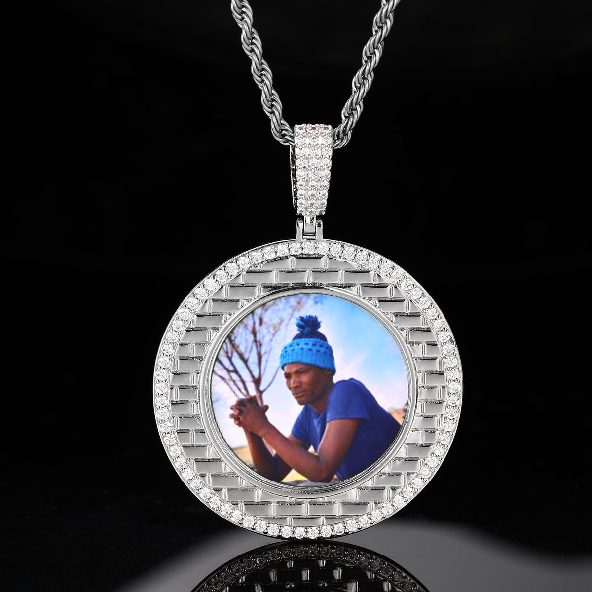 Iced Out Round Photo Pendant Necklace with Rope Chain for Men and Women product image