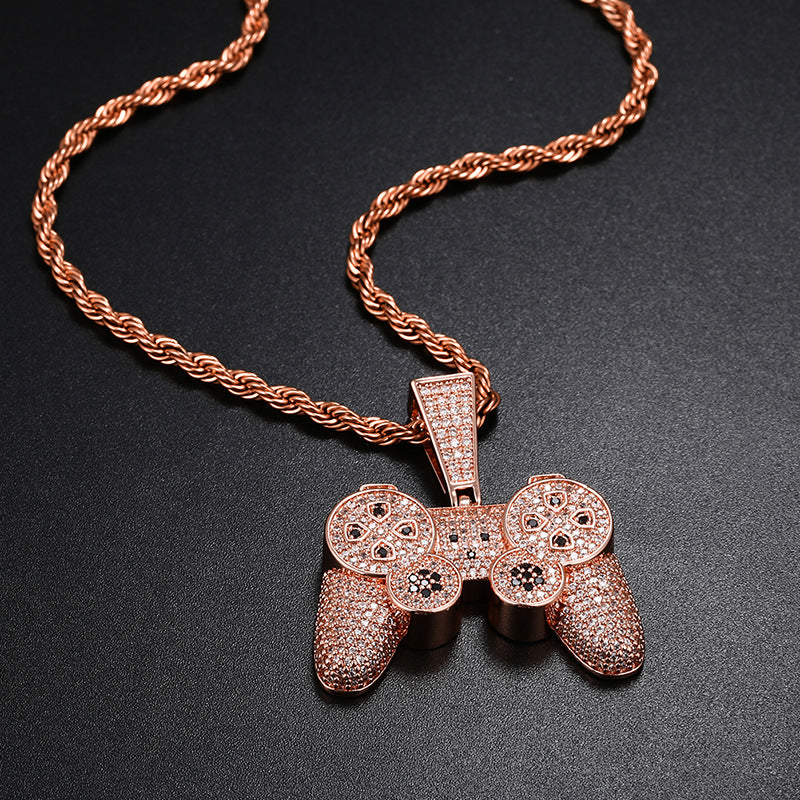 Iced Out Game Controller Pendant Necklace for Men and Women - Gold Tone Copper Hip Hop Rope Chain with Cubic Zirconia product image