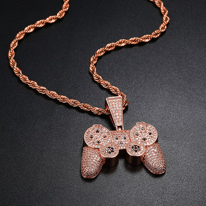 Iced Out Game Controller Pendant Necklace for Men and Women - Gold Tone Copper Hip Hop Rope Chain with Cubic Zirconia