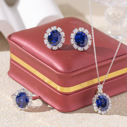 925 Silver Blue Sapphire Jewelry Set with Necklace, Ring & Stud Earrings