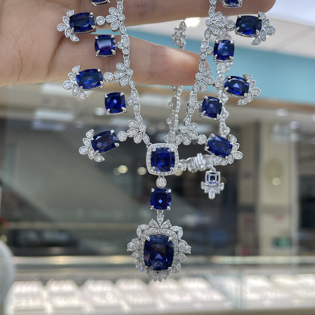 Blue Cushion-Cut Halo Jewelry Set, Ring Necklace Earrings, S925 Silver product image